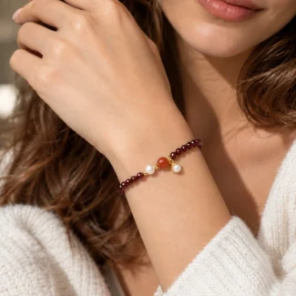Garnet, Red Agate & Pearl Teardrop Charm Bracelet – Elegance, Vitality & Warmth (1)