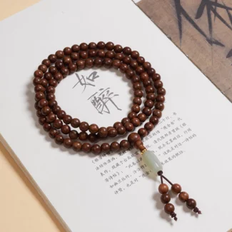 Golden Silk Sandalwood 108 Bead Mala Necklace with Jade Accent – Meditation Wrap Bracelet (6)