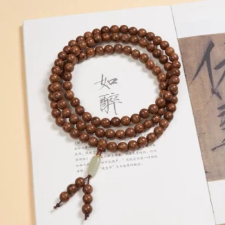 Golden Silk Sandalwood 108 Bead Mala Necklace with Jade Accent – Meditation Wrap Bracelet (7)