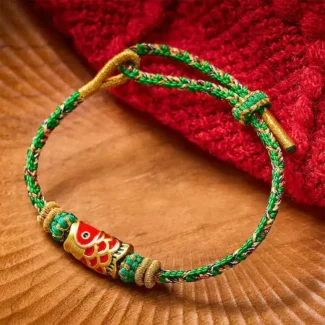 Hand-Braided Green Cord Bracelet with Colorful Koi Fish Charm (1)
