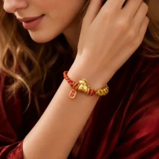 Hand-Braided Red Cord Horse & Five Emperor Coins Bracelet – Wealth, Good Fortune & Protection (1)