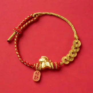 Hand-Braided Red Cord Horse & Five Emperor Coins Bracelet – Wealth, Good Fortune & Protection (2)