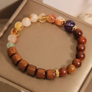 Huanghuali and Sandalwood Bracelet with Yellow Quartz and Amethyst – Natural Wood Crystal Beaded Bracelet (5)