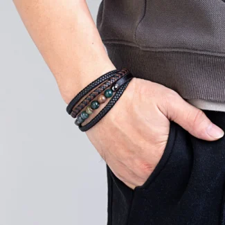 Men's Braided Leather & Natural Stone Bracelet – Stainless Steel Clasp, Stackable & Stylish (1)