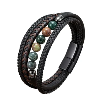 Men's Braided Leather & Natural Stone Bracelet – Stainless Steel Clasp, Stackable & Stylish (2)