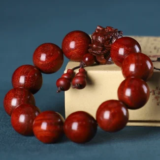 Natural Wood 20mm Bead Bracelet with Carved Dragon Head – Huanghuali, Sandalwood and Rosewood Styles (1)