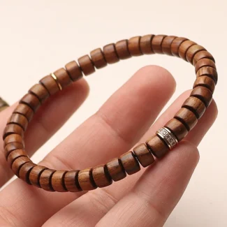 Natural Wood Beaded Bracelet with Sparkling Accent Ring – Green Sandalwood, Huanghuali or Ebony (5)