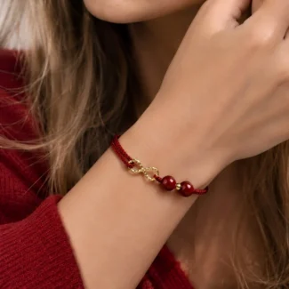 Red Braided Cord Infinity Bracelet with Purple Gold Sand Beads (2)