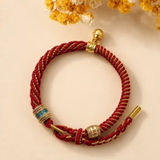 Tibetan-Inspired Om Mani Padme Hum Red & Gold Braided Cord Bracelet – Compassion, Mindfulness & Protection (1)