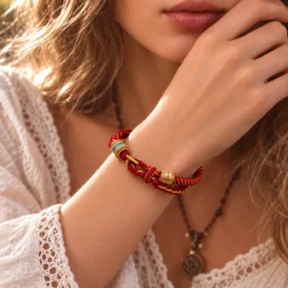 Tibetan-Inspired Om Mani Padme Hum Red & Gold Braided Cord Bracelet – Compassion, Mindfulness & Protection (2)