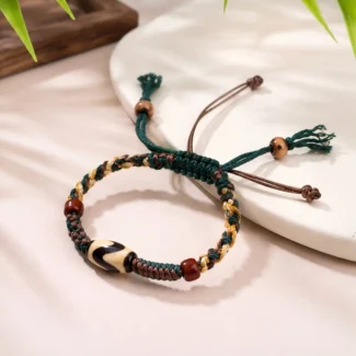 Tibetan-Style Agate Tiger Tooth Dzi Bead Bracelet – Courage, Strength & Spiritual Protection (1)