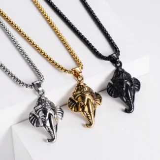 Stainless Steel Ganesha Elephant Head Pendant Necklace – Vintage Hindu Amulet for Men & Women (6)
