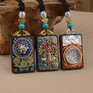Vintage Ebony Wood Amulet Necklace – 15 Symbolic Designs with Copper Accents & Cotton Cord (1)