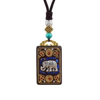 Vintage Ebony Wood Amulet Necklace – 15 Symbolic Designs with Copper Accents & Cotton Cord (4)