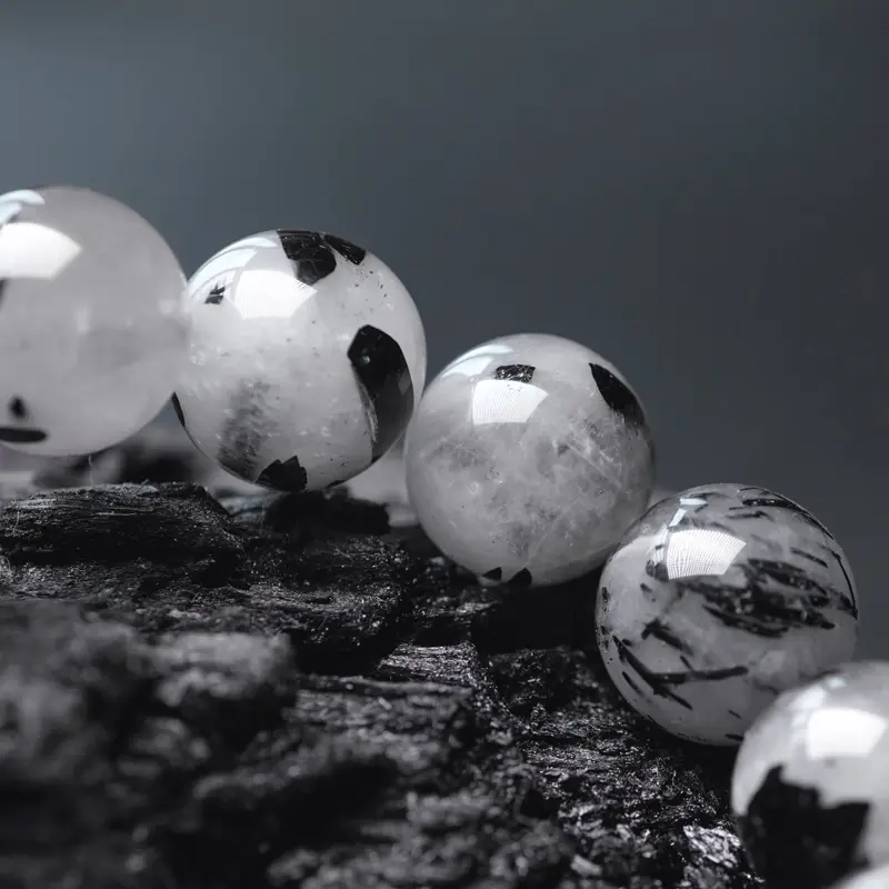 Black Rutilated Quartz & Colorful Glass Bead Bracelet