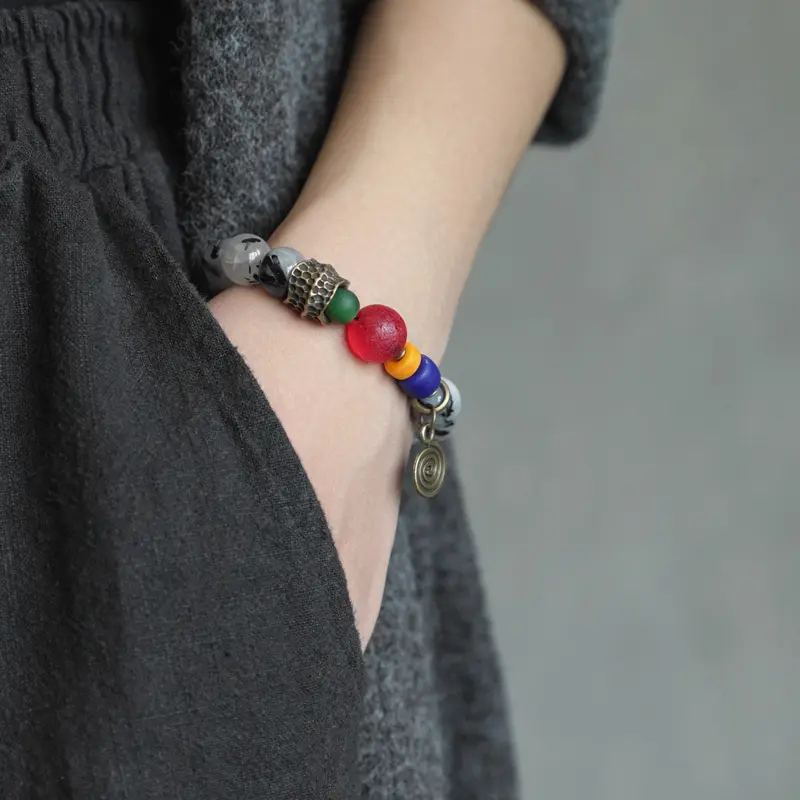 Black Rutilated Quartz & Colorful Glass Bead Bracelet