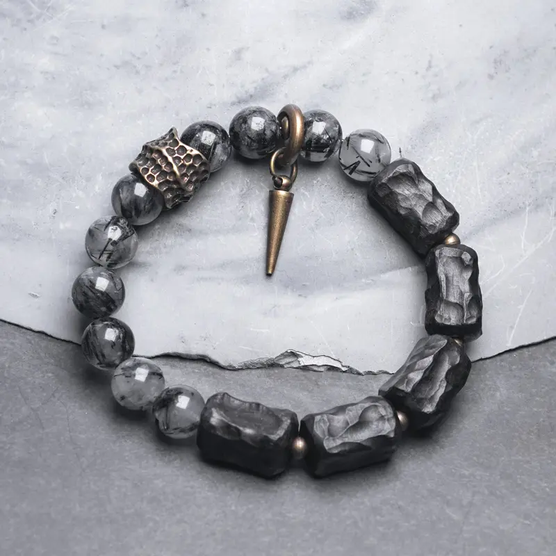 Black Rutilated Quartz & Ebony Wood Bracelet