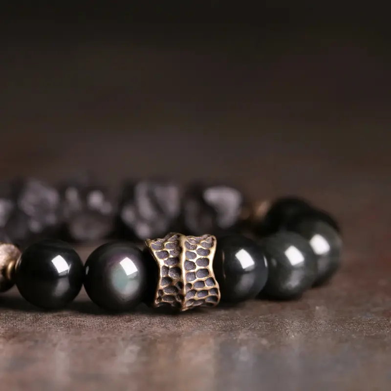 Retro-Chic Ebony Wood & Obsidian Bracelet-4