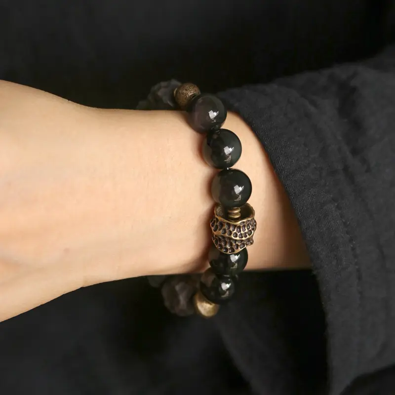 Retro-Chic Ebony Wood & Obsidian Bracelet-4