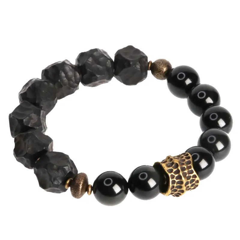 Retro-Chic Ebony Wood & Obsidian Bracelet-4