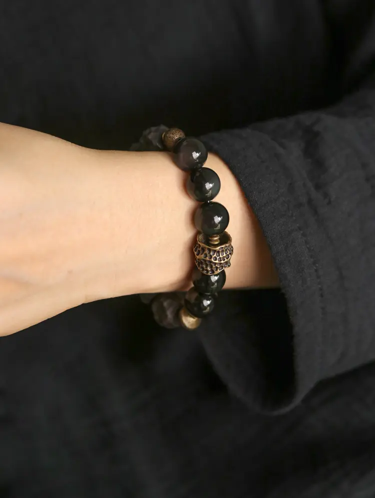 Retro-Chic Ebony Wood & Obsidian Bracelet-DEC-1