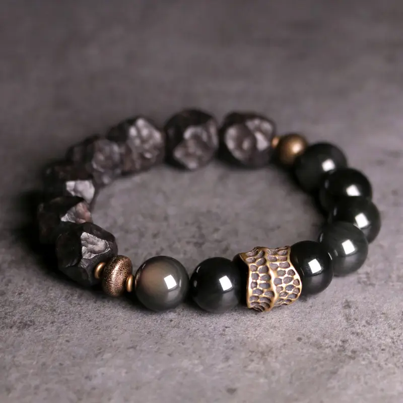 Retro-Chic Ebony Wood & Obsidian Bracelet
