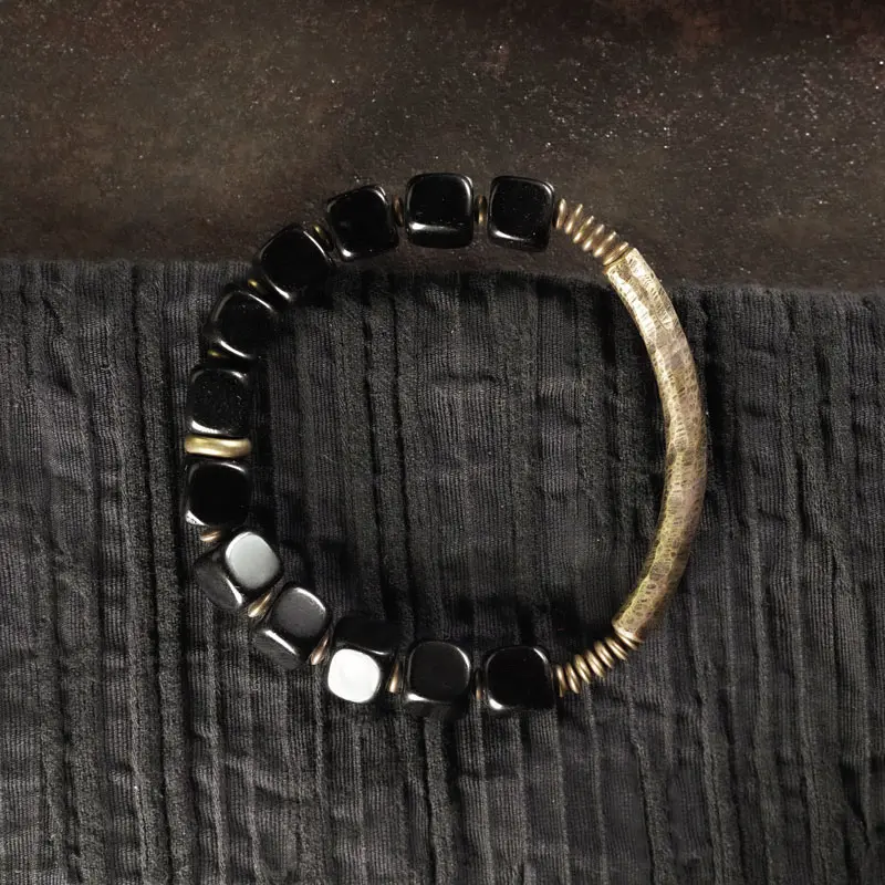 Vintage Brass Couple's Obsidian Bracelet-2