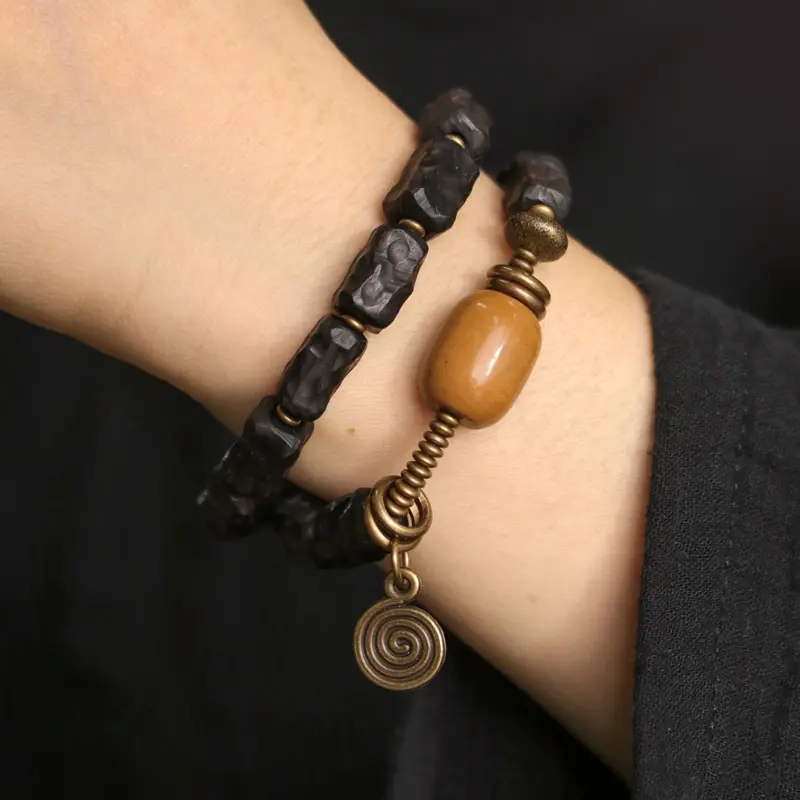 Carved Ebony Yellow Jade Bracelet Wabi Sabi Spiral