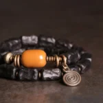 Carved Ebony Yellow Jade Bracelet Wabi Sabi Spiral