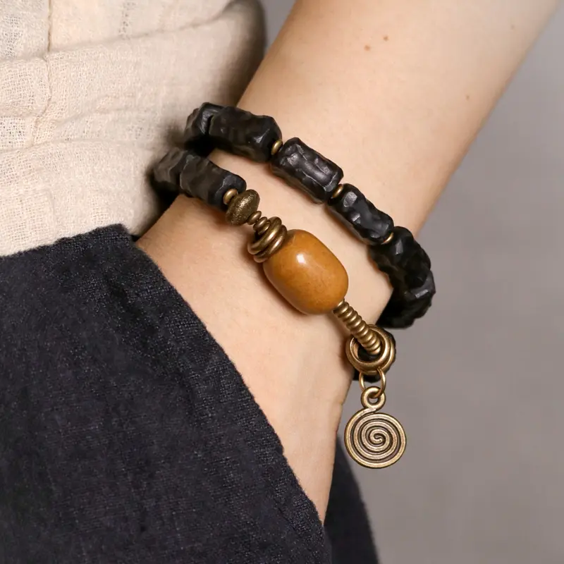 Carved Ebony Yellow Jade Bracelet Wabi Sabi Spiral