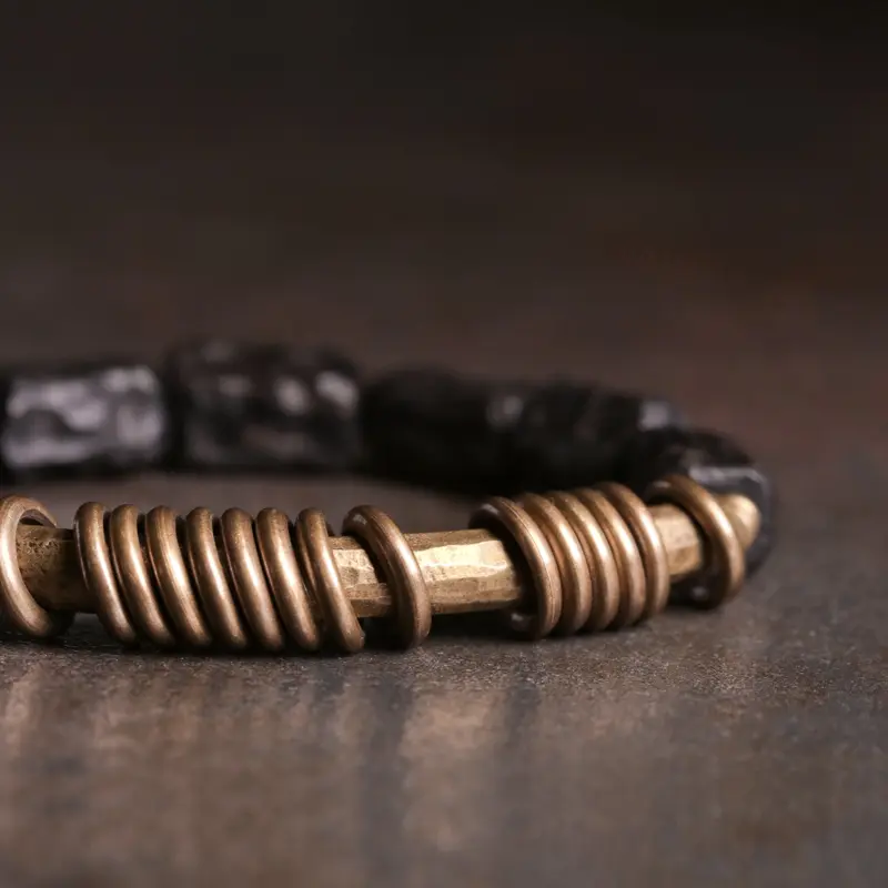 Carved Ebony and Coil Bracelet Wabi Sabi Grounding Jewelry