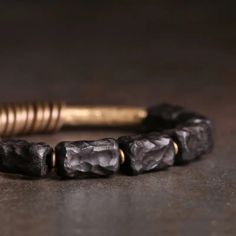Carved Ebony and Coil Bracelet Wabi Sabi Grounding Jewelry