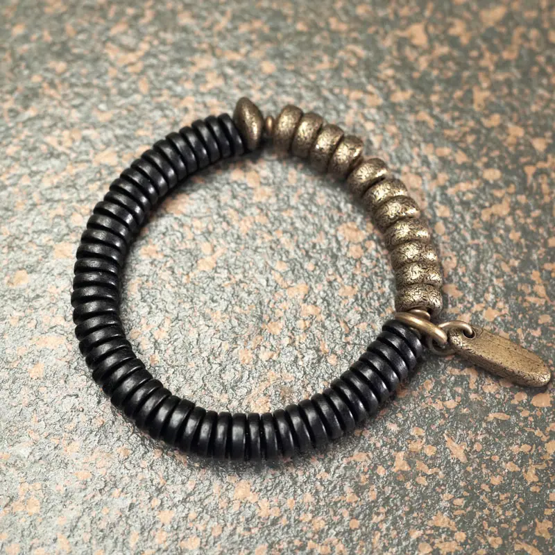 Ebony and Brass Heishi Bracelet Yin Yang Balance Jewelry