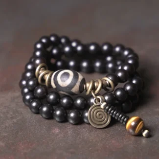 Three-Eyed Dzi Bead Bracelet Tibetan Protection Mala