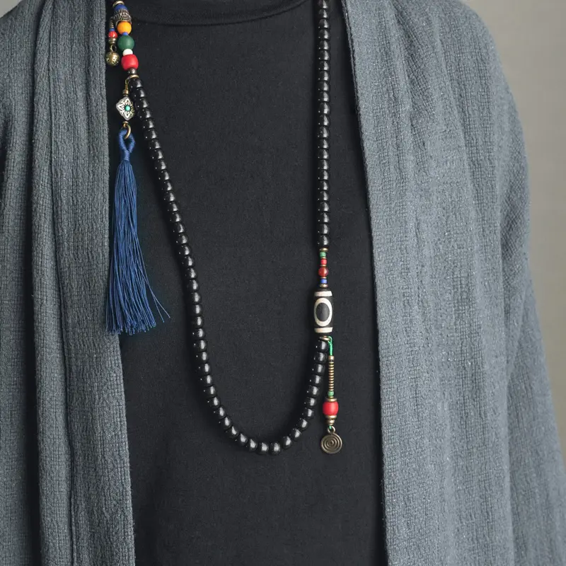 Tibetan Dzi Bead Mala Ebony Wood Tassel Bracelet