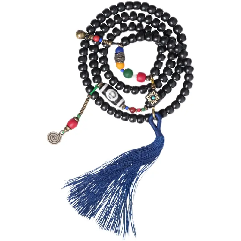 Tibetan Dzi Bead Mala Ebony Wood Tassel Bracelet