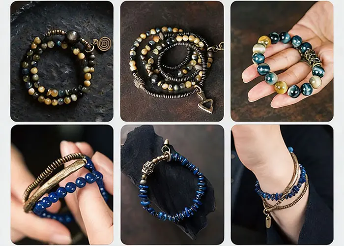 Handcrafted spiritual jewelry collection featuring Blue Tiger Eye, Lapis Lazuli, and antique brass details for energy healing