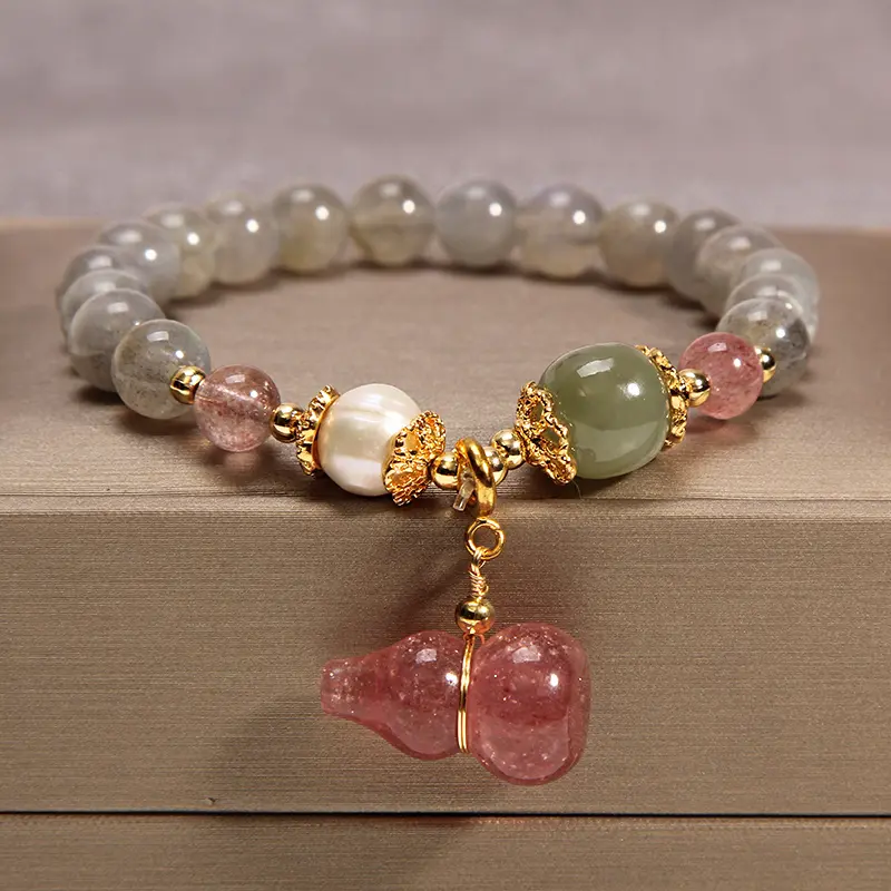 Grey Moonstone & Strawberry Quartz Wu Lou Bracelet Health & Intuition
