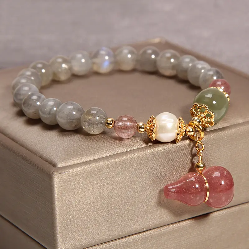Grey Moonstone & Strawberry Quartz Wu Lou Bracelet Health & Intuition