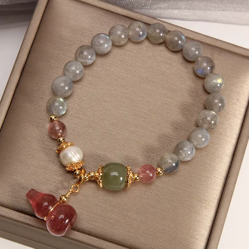 Grey Moonstone & Strawberry Quartz Wu Lou Bracelet Health & Intuition