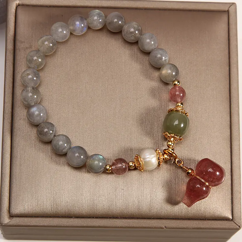Grey Moonstone & Strawberry Quartz Wu Lou Bracelet Health & Intuition