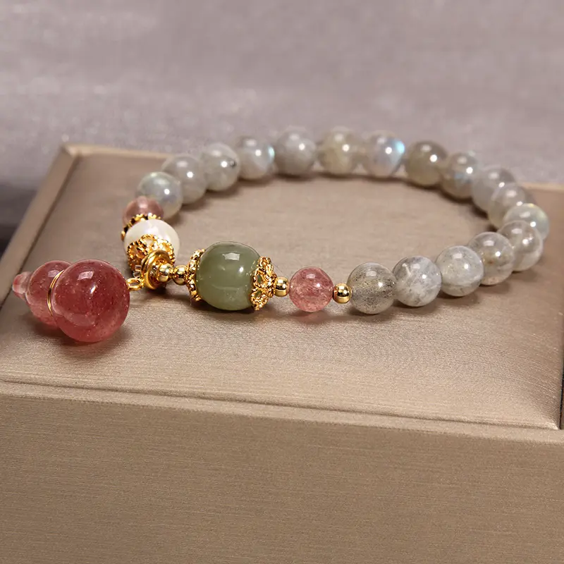 Grey Moonstone & Strawberry Quartz Wu Lou Bracelet Health & Intuition