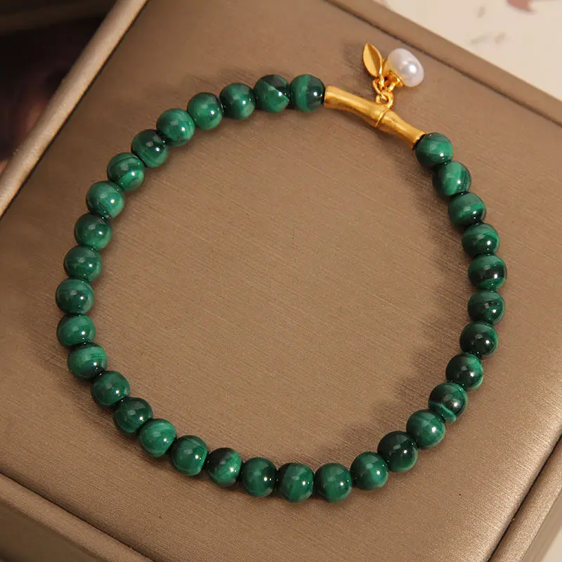 Natural 5mm Malachite & Golden Bamboo Bracelet Transformation & Growth