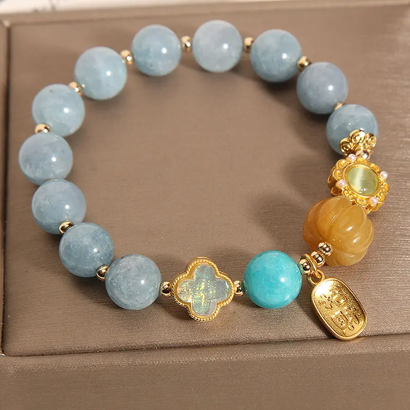 Natural Aquamarine & Golden Pumpkin Bracelet Calm, Luck & Abundance