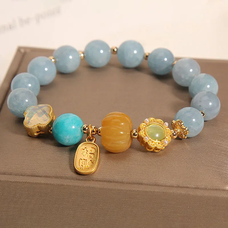 Natural Aquamarine & Golden Pumpkin Bracelet Calm, Luck & Abundance