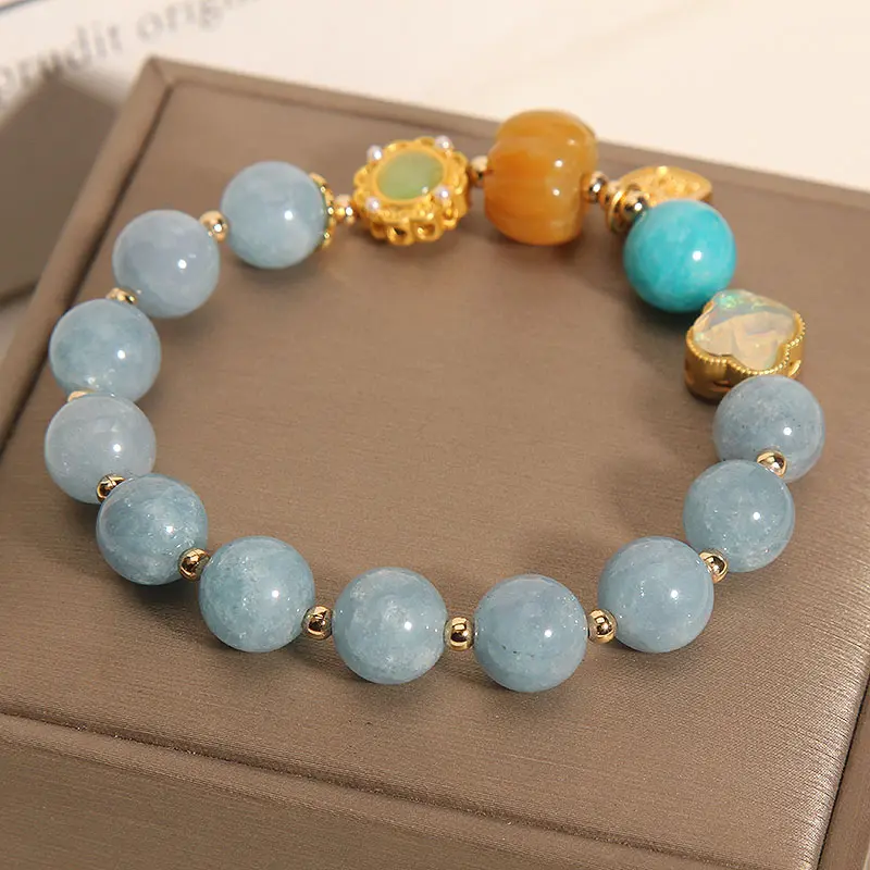 Natural Aquamarine & Golden Pumpkin Bracelet Calm, Luck & Abundance