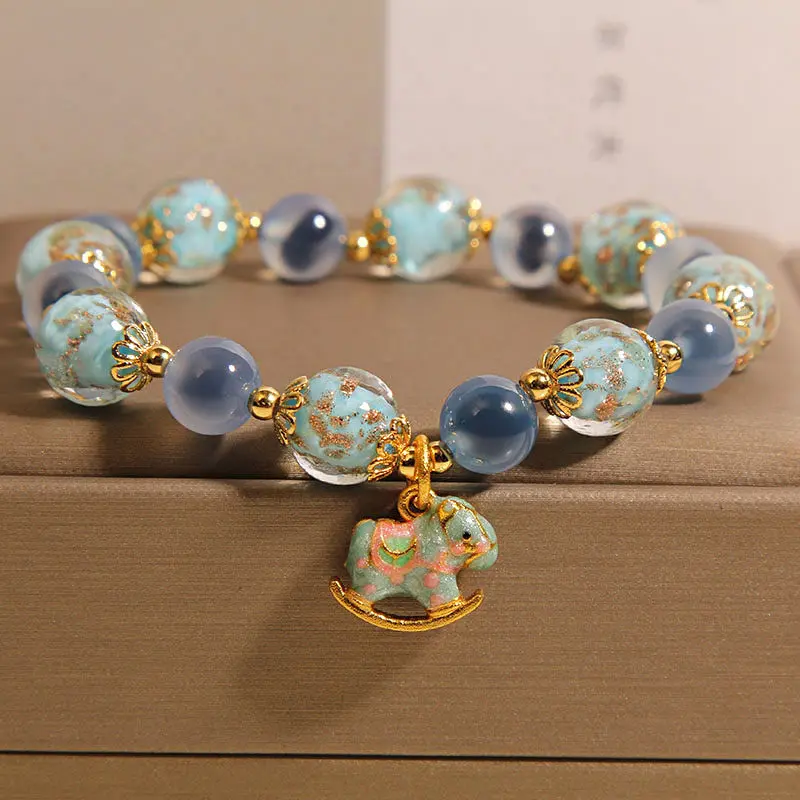 Natural Blue Candy Heart Agate & Glow Liuli Rocking Horse Bracelet Joy & Freedom
