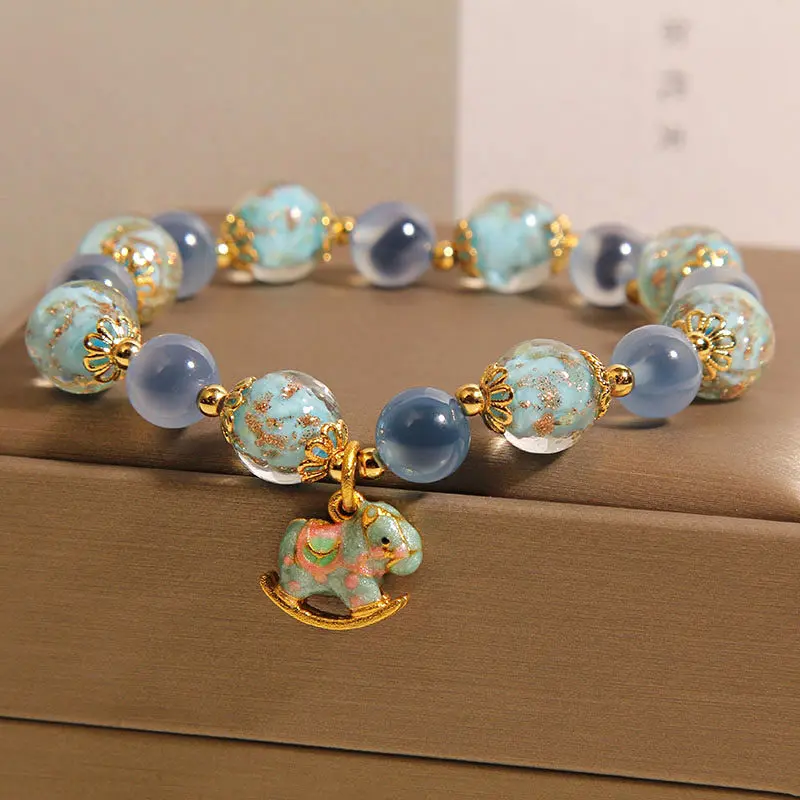 Natural Blue Candy Heart Agate & Glow Liuli Rocking Horse Bracelet Joy & Freedom