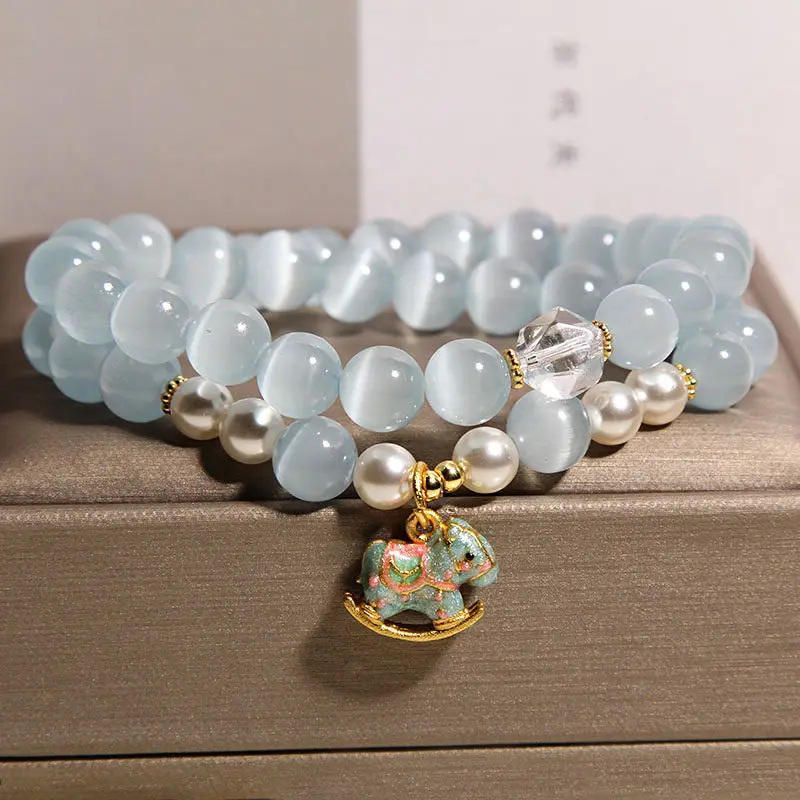 Natural Blue Cat's Eye & Pearl Double-Wrap Bracelet | Lucky Horse Charm
