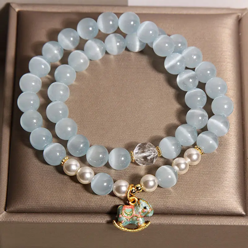 Natural Blue Cat's Eye & Pearl Double-Wrap Bracelet | Lucky Horse Charm